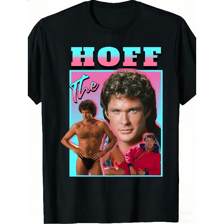 T-Shirt Nera con Grafica Pop Culture Retrò di The Hoff Girocollo, Tessuto Leggermente Elasticizzato, Vestibilità Regolare, Stile Casual, Perfetta per Uomini e Donne