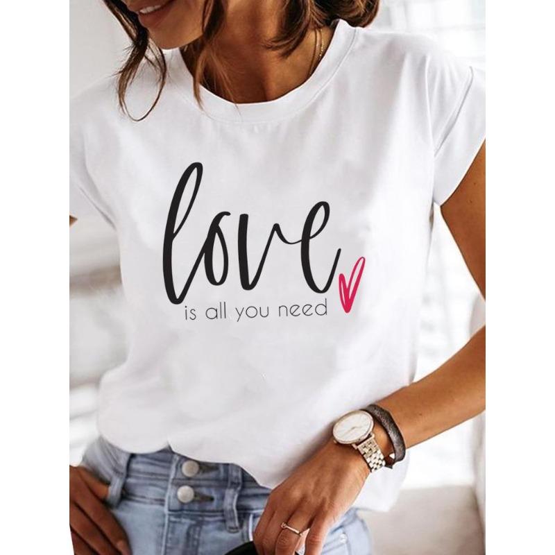(European Size)  90s Style Women Tee Top Love Heart Cute Short Sleeve Fashion Print Lady Clothing Casual Tshirt Female Graphic T-shirts
