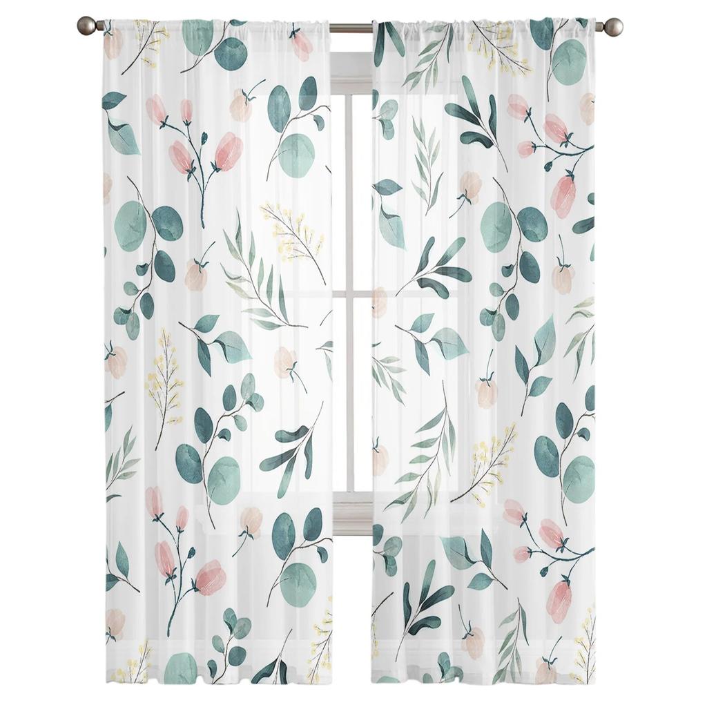 Plantas Folhas Verdes Aquarela Cortinas de Tule para Sala de Estar Cortina Translúcida para Quarto Cozinha Persianas Cortinas Voile