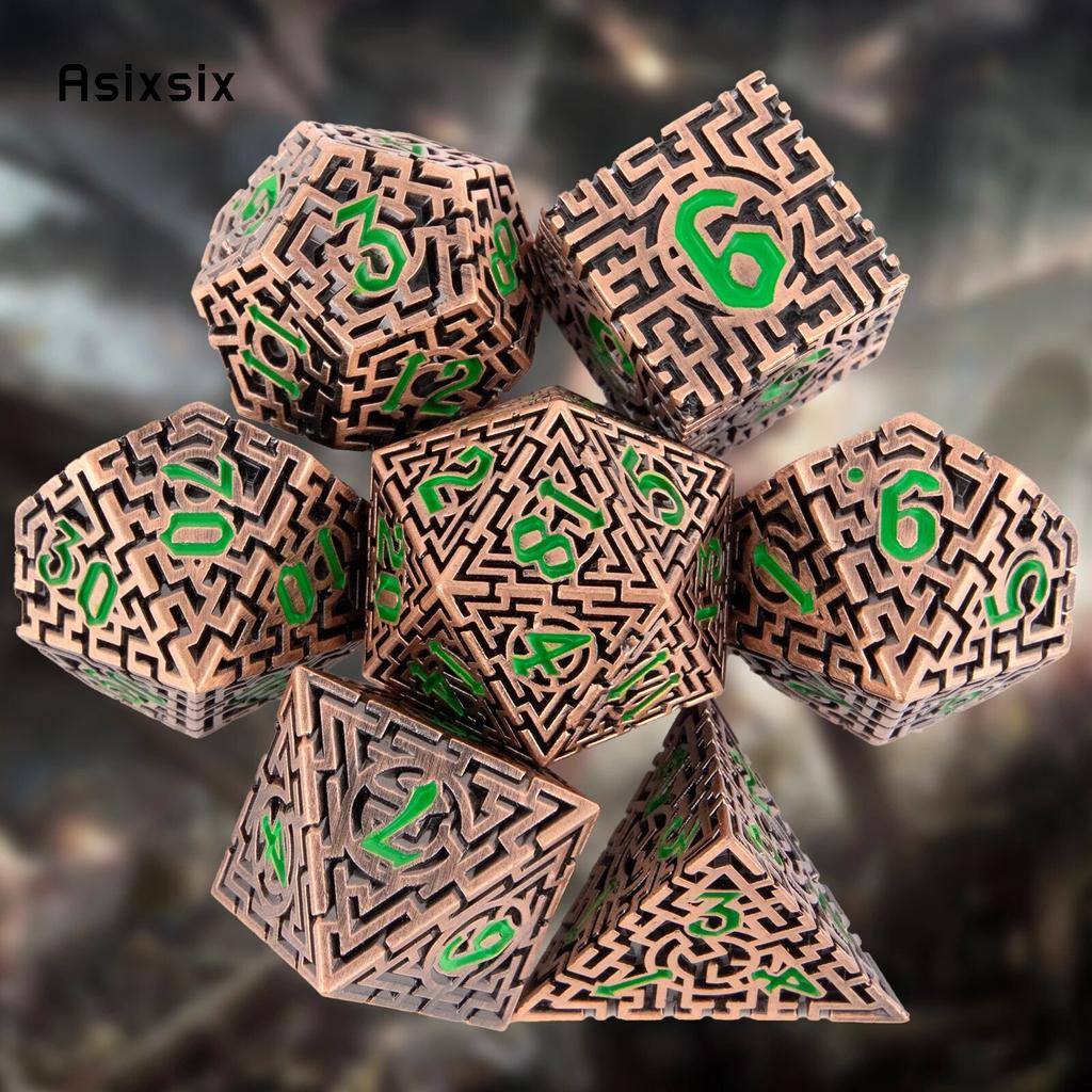 7 Pcs Copper Green Metal Dice Maze Solid  Metal Polyhedral Dice Set Suitable for Role-Playing RPG  Board Game Card Game
