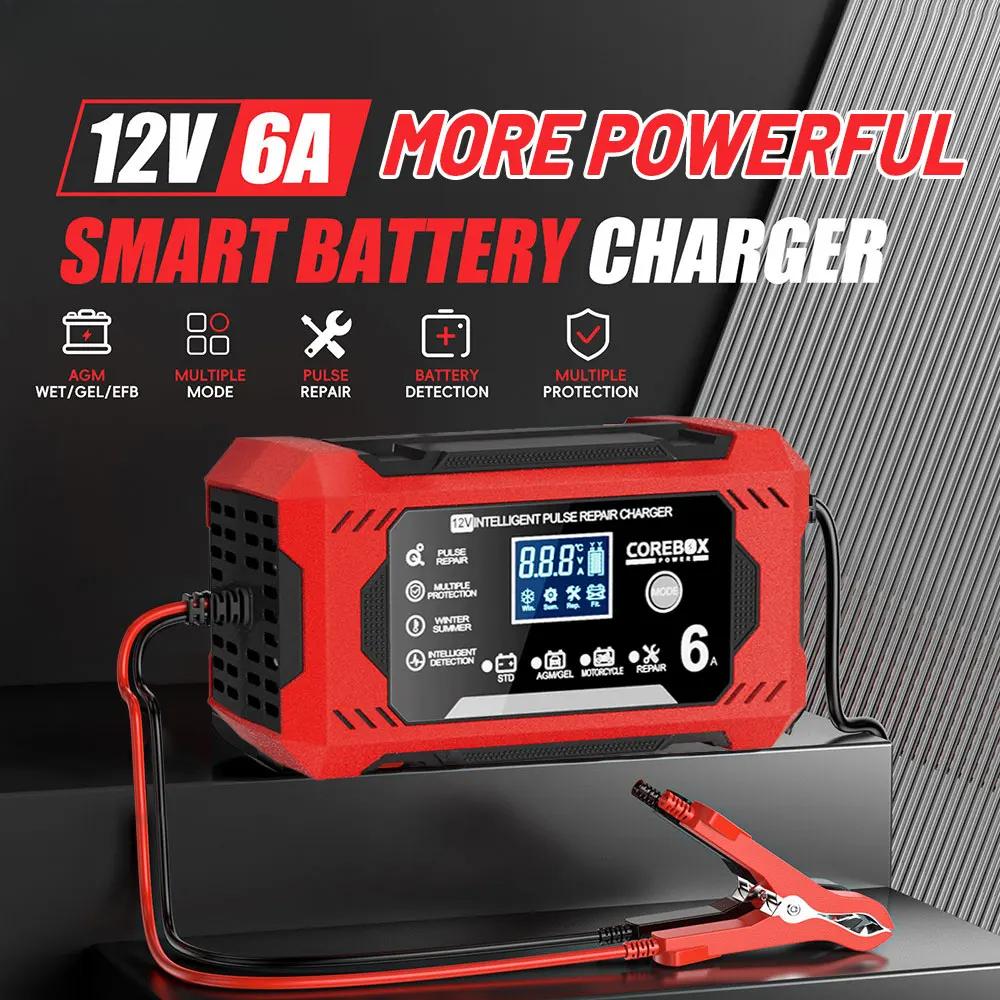 Chargeur de batterie de voiture entièrement automatique 12V 6A Appareil de chargement de batterie pour voiture et moto Batterie au plomb Acide Réparation intelligente Affichage LCD