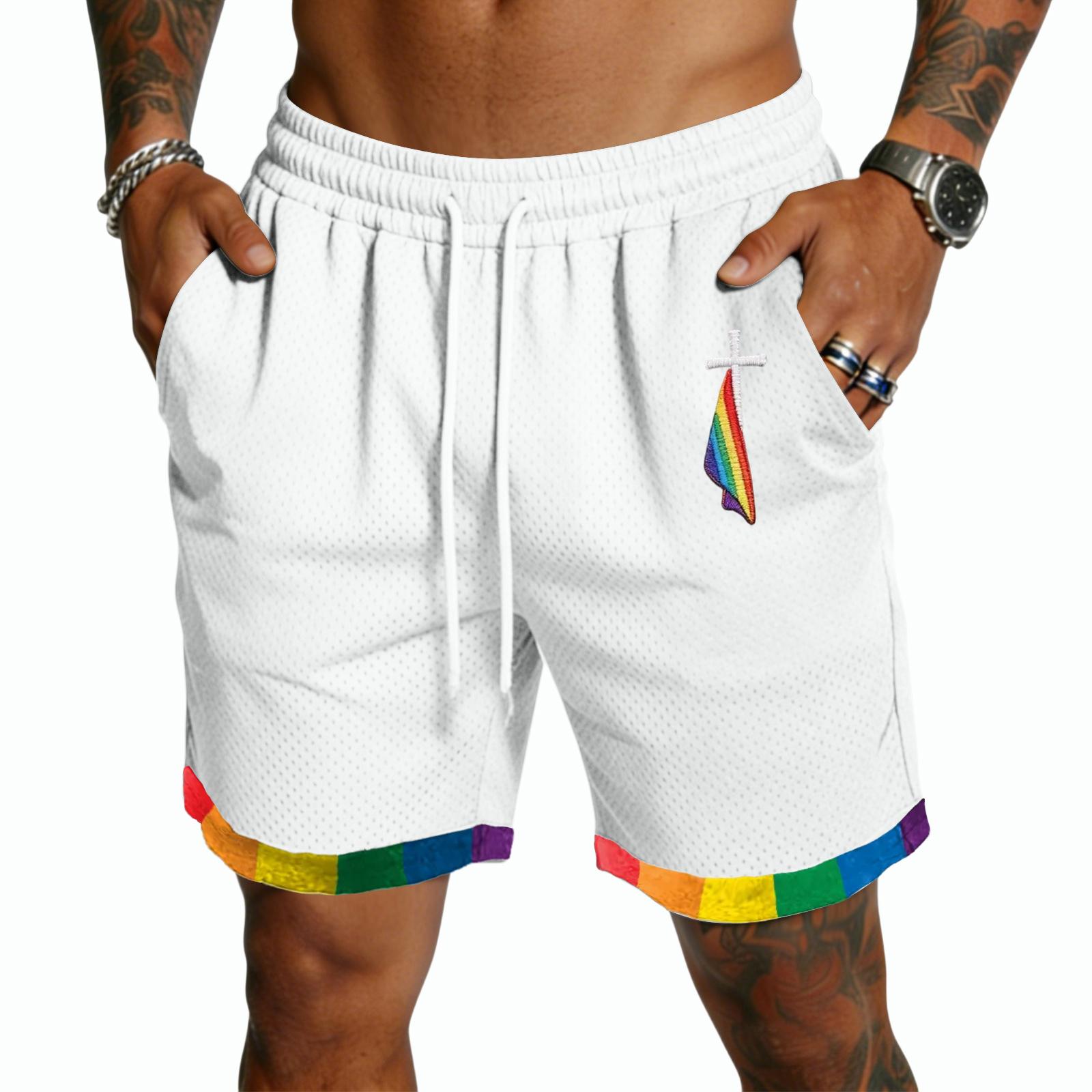 

Men Drawstring Waist Casual Shorts Lightweight Breathable Quick Dry Mesh Fabric Five Inch Inseam with Patterned Trim S белый