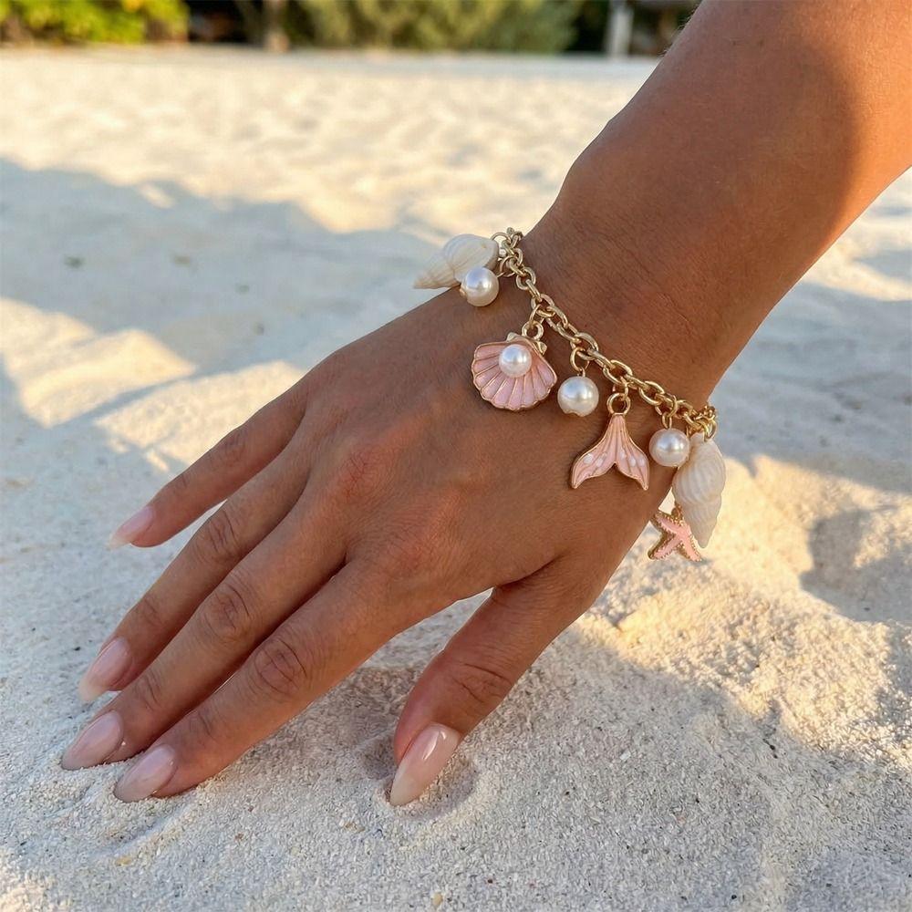 Boho Metal Gold Bracelet Pearl Bohemian Beach Jewelry Vintage Shell Starfish Bracelet  Women