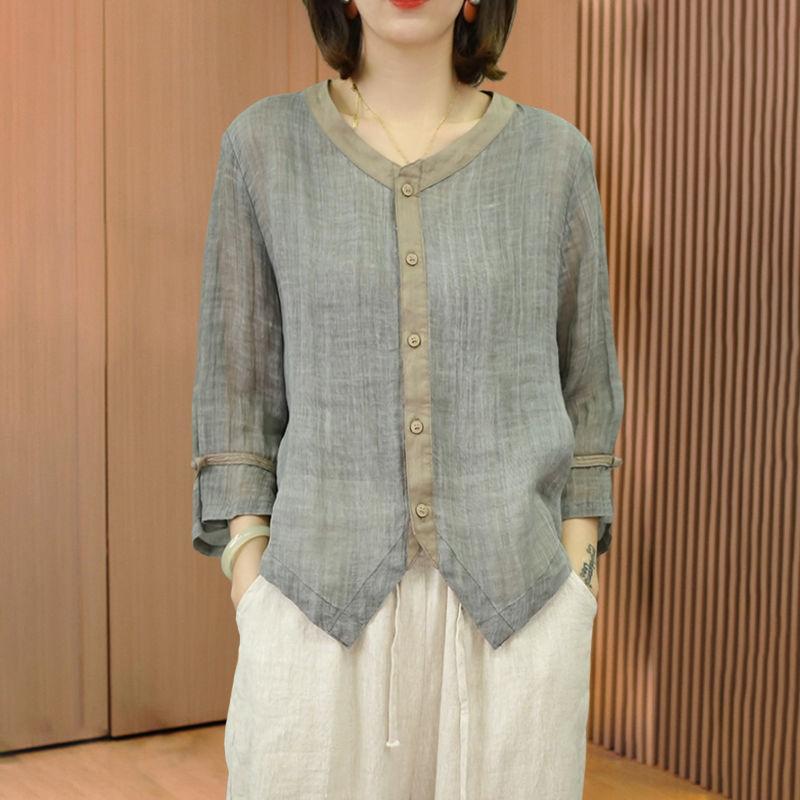Ретро льняная рубашка женская летняя свободная приталенная рубашка тонкая M