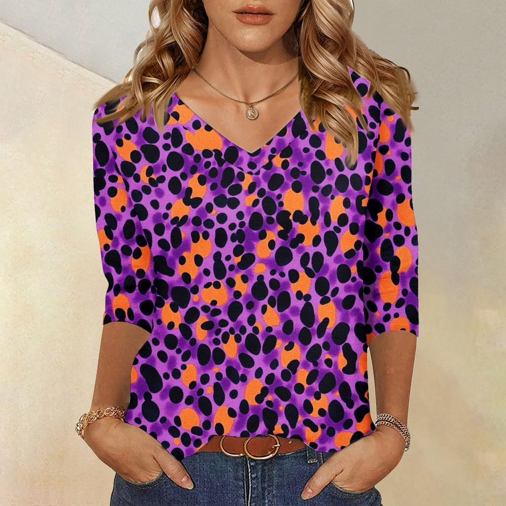 Women's Tops Three-quarter Sleeve Shirt V-neck Loose Casual Shirt Textured Printed T-shirt