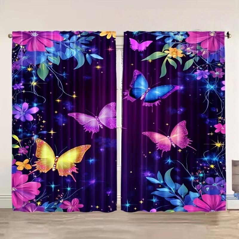 2 Stück lila Vorhänge mit Schmetterlingsdruck, geeignet für Schlafzimmer-, Wohnzimmer-, Küchendekoration, Heimdekoration, Fensterdekoration
