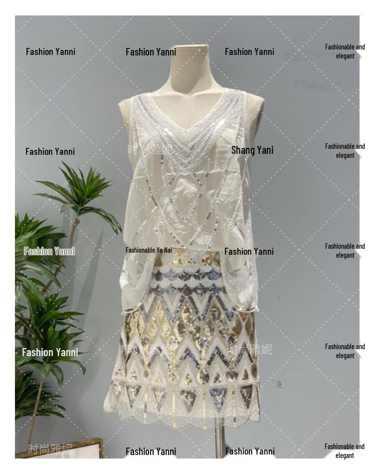 Fashion Yanni Luxury Beaded Sequin Hip-Hugging Skirt & Slimming Vest Top Set