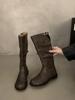 Vintage khaki long women's boots thick heel tall knight boots skinny boots summer western cowboy boots stacking boots