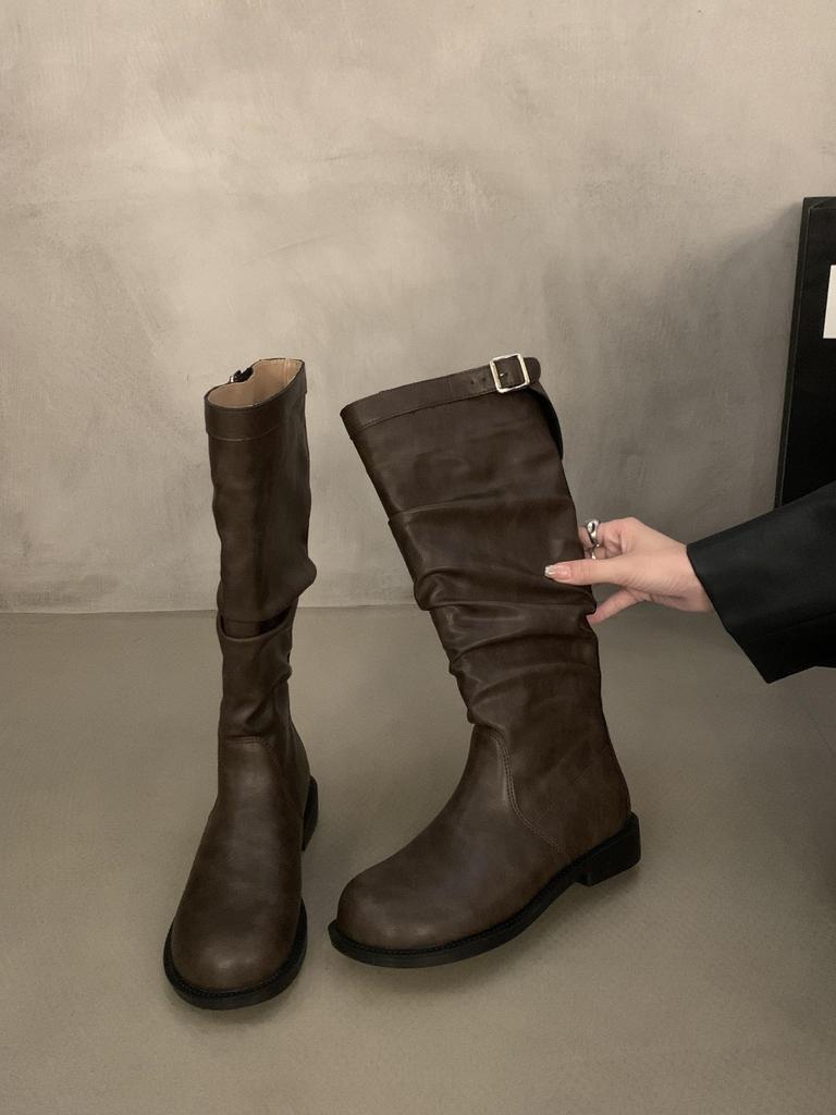 Vintage Khaki Long Women's Boots Thick Heel Tall Knight Boots Skinny Boots Summer Western Cowboy Boots Stacking Boots