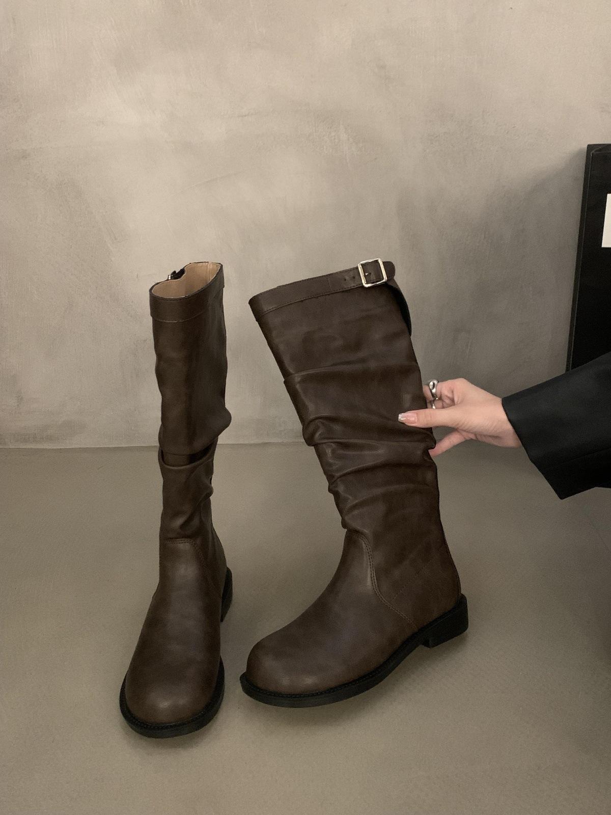 

Vintage khaki long women s boots thick heel tall summer western cowboy boots stacking boots 40