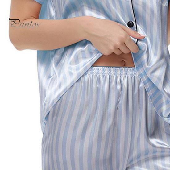 2 Pçs/Conjunto Mulheres Camisa Shorts Terno Plus Size Lapela Mangas Curtas Cetim Listrado Contraste Cor Top Cintura Elástica Calças Curtas Homewear Loungewear