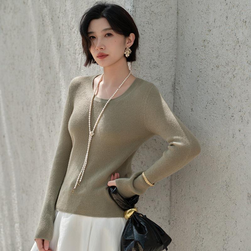 2025 Autumn/Winter 100% Cashmere Slim-fit Ribbed U-neck Striped Base Layer Knitwear