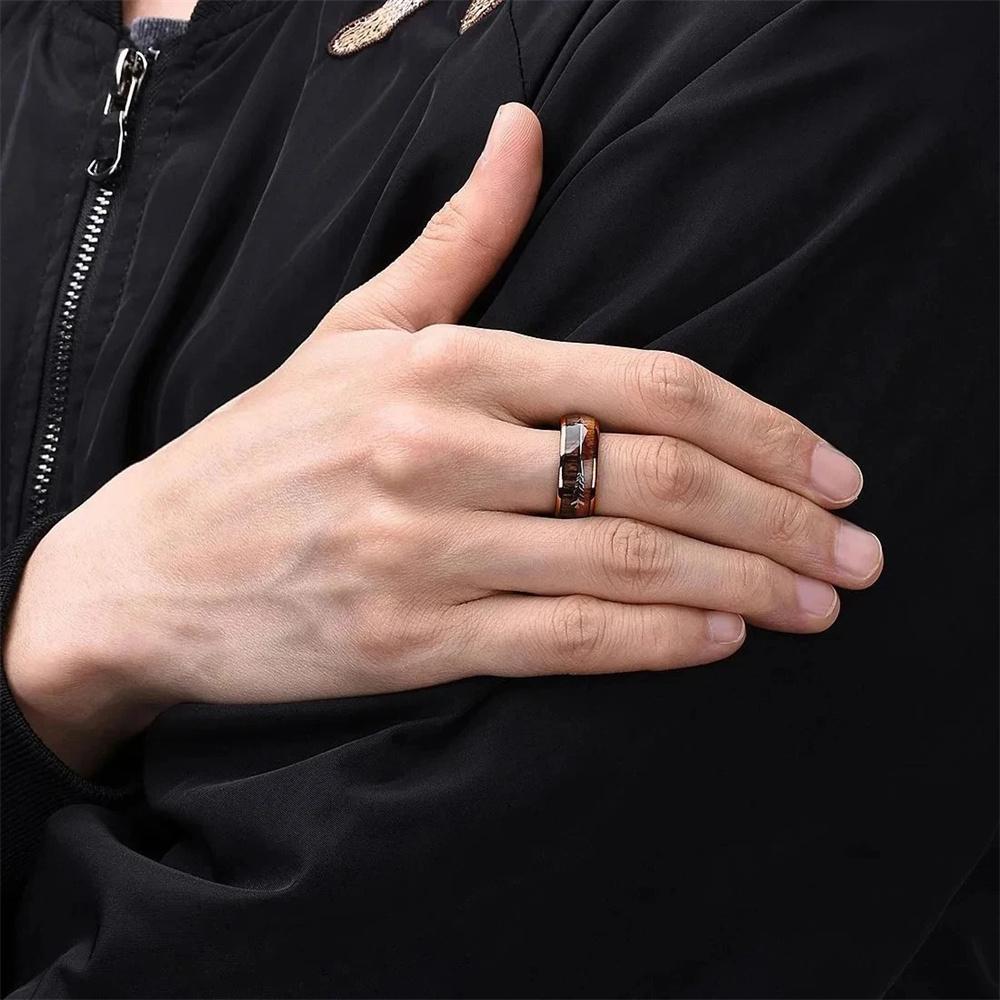 Fashion 8mm Men's Rose Gold Color Stainless Steel Arrow Rings for Men Women Inlaid Koa Wood Wedding Band Jewelry Drop Shipping