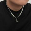 Hiphop Rock Four-Pointed Star Pendant Necklaces for Men Women Imitation Pearls Beaded Collarbone Necklaces Jewelry Accessories