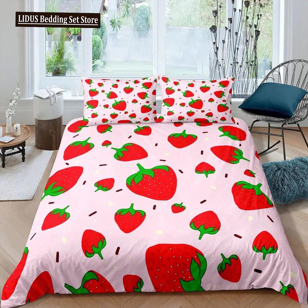 Strawberry Duvet Cover Set Girl King Size Comforter Cover Set Red Strawberry Bedding Set Food Fruit Quilt Cover For Kids Gift