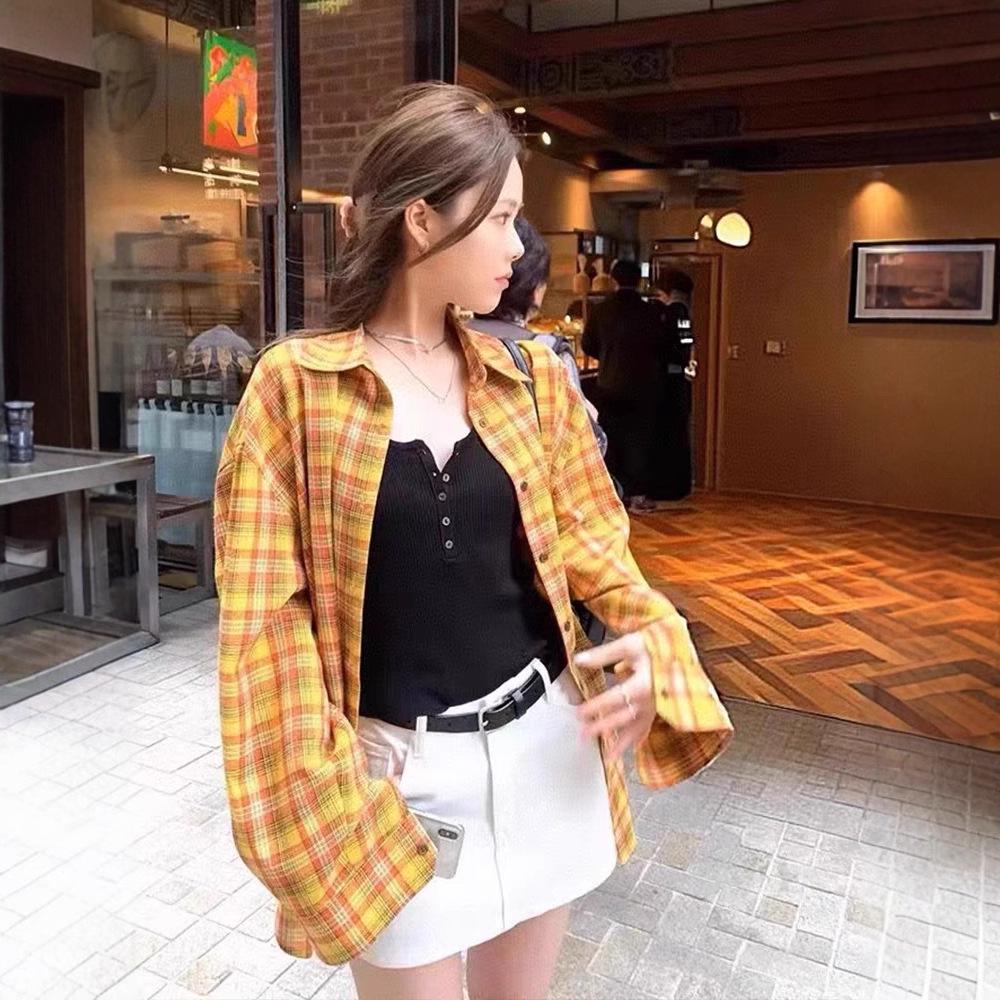 Women's Casual Loose-Fit Retro Plaid Jacket - Yellow, Spring Collection
