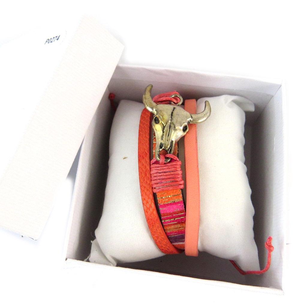 Les Trésors De Lily [P0274] - Bracelet créateur 'Navajos' orange vintage (crâne de bison) - 3 rangs