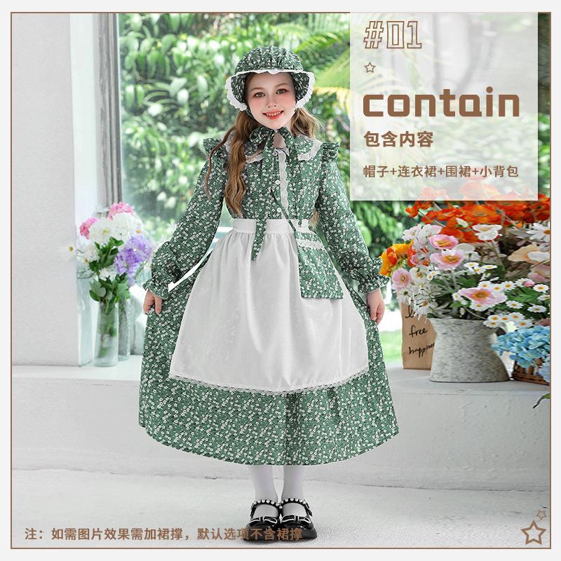 Colonial Girl Children's Costume Prairie Pioneer Children's Costume Halloween Pastoral Maid Dress