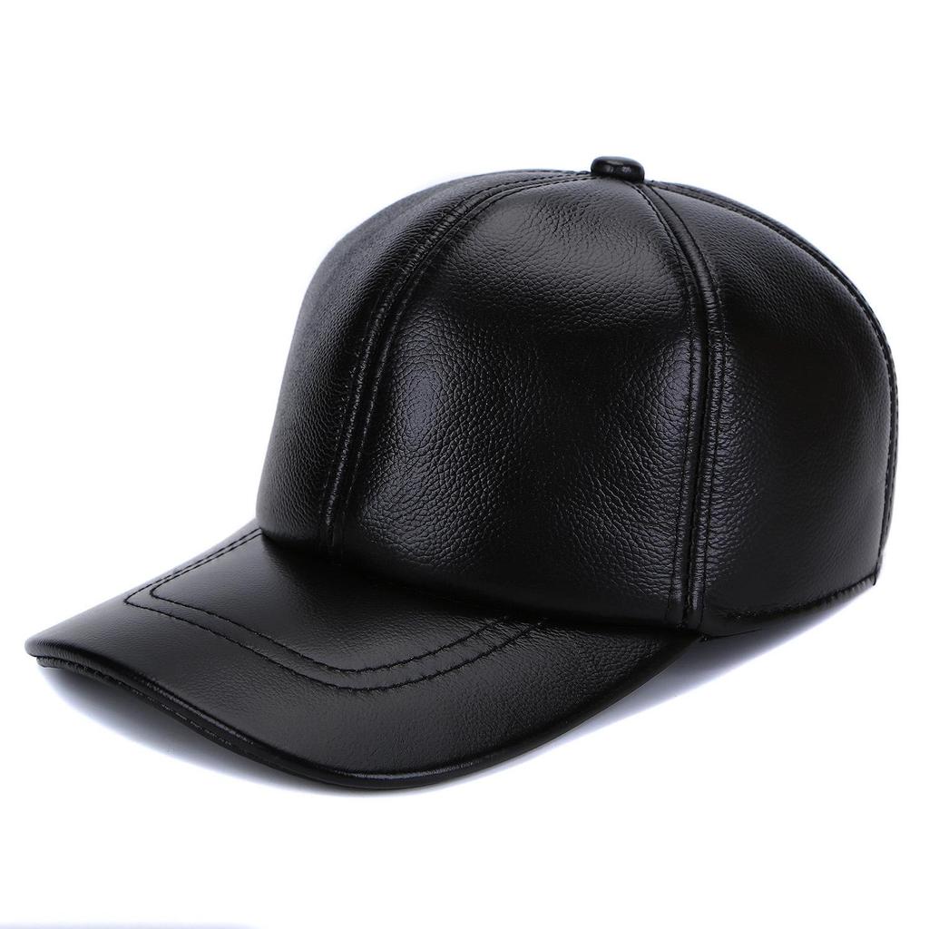 Genuine Leather Cowhide Baseball Cap with Ear Flaps, Adjustable Fleece-Lined Winter Duckbill Hat for Middle-Aged and Elderly Men.