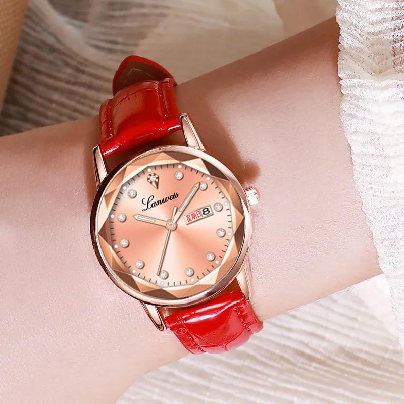 Diamond-Shaped Women's Quartz Watch with Leather Strap, Waterproof, and Suitable for Students and Couples.