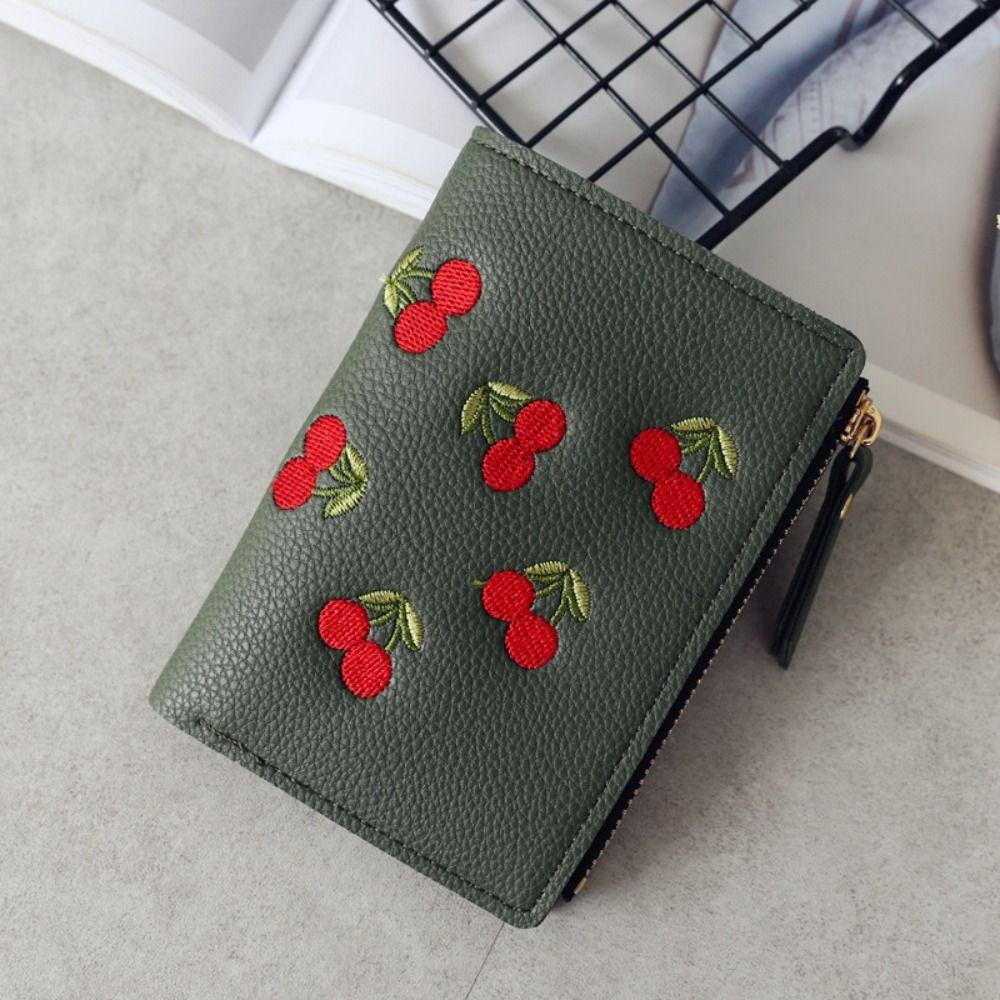 Korean Style Short Clutch Bag PU Leather Zipper Change Bag Temperament Retro Cherry Wallets Women