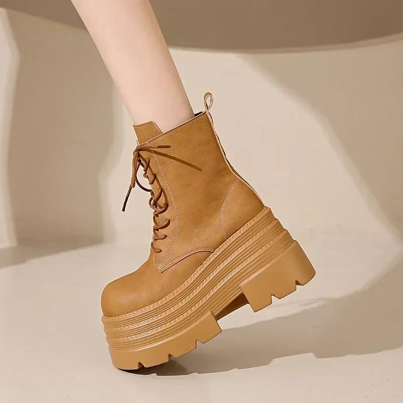 Women Boots New Winter Motorcycle Boots 10.5cm Wedge Heels High Platform Leather Chunky Shoes Woman Autumn Thick Sole Punk Boots