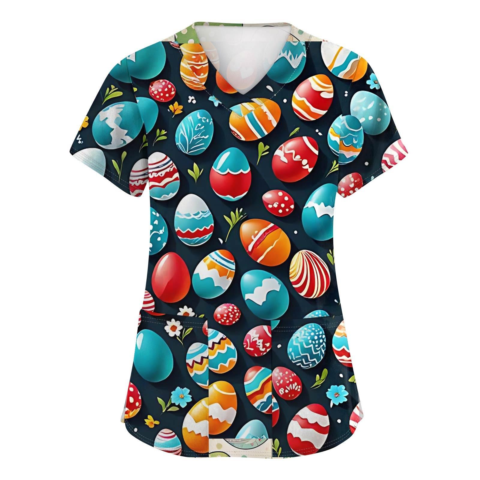 Women s Fashionable Short Sleeved Easter Printed V-Neck Pocket Work Jacket Top S темно-синий