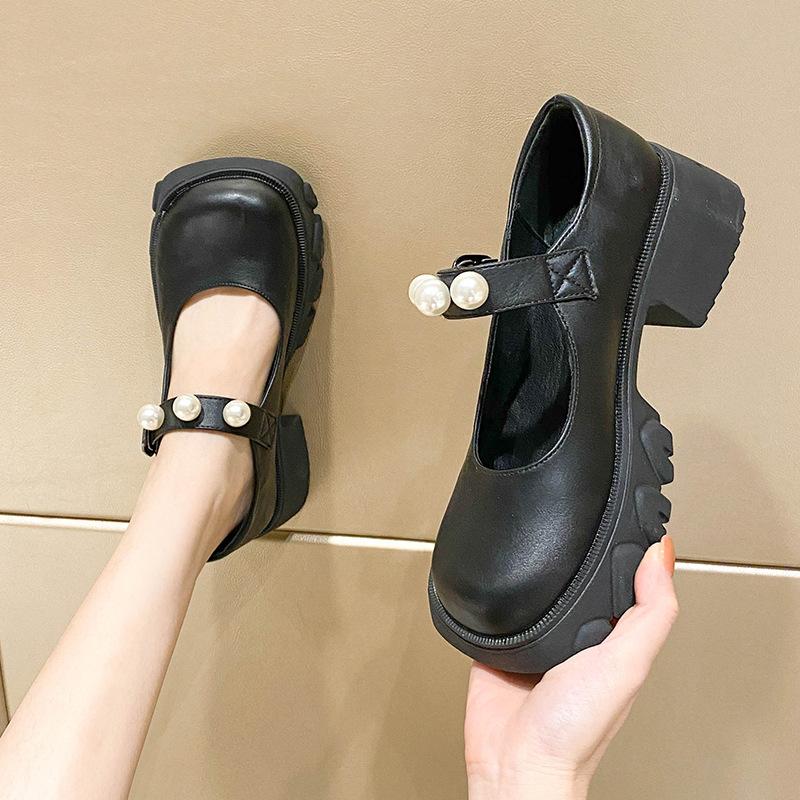 Single Shoes Women's Four-season Platform Small Leather Shoes Small Fragrant Pearls with Versatile Mary Jane Women's Shoes Increase Height