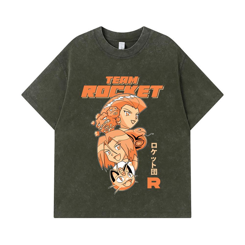 

275 GSM Washed T-shirts 100% Cotton Pokemon V9 Team Rocket Print Unisex Heavy Cotton T Shirt S