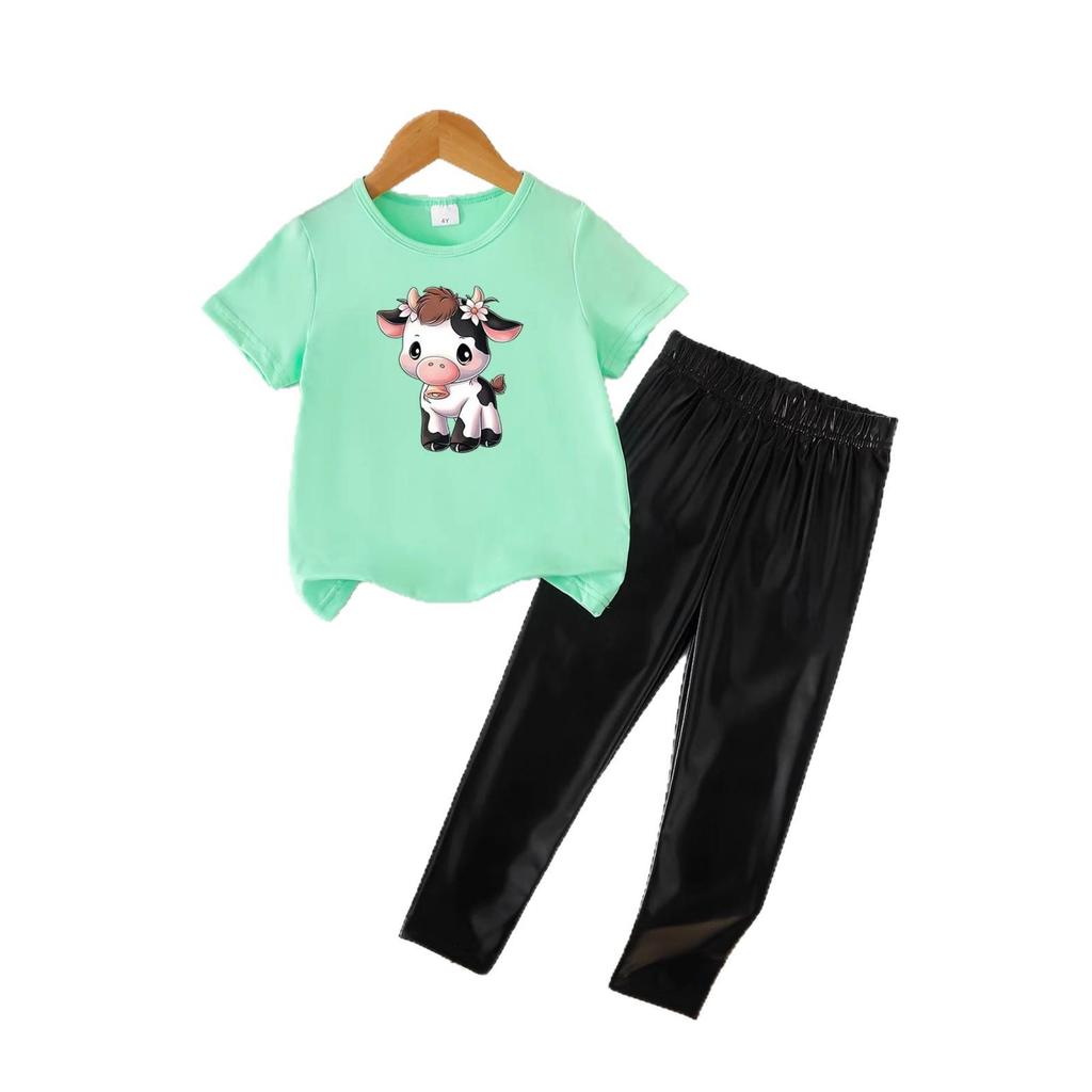 Summer Girls' Fashionable Two-Piece Clothing Set: Short Sleeve Top & Printed Long Pants