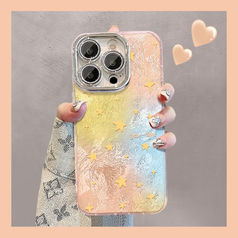 Gorgeous Fireworks and Stars Suitable for Apple 16pro Mobile Phone Case 15 Full-inclusive Lens Film 14 Spring and Summer 13 Glacier Pattern 7/8