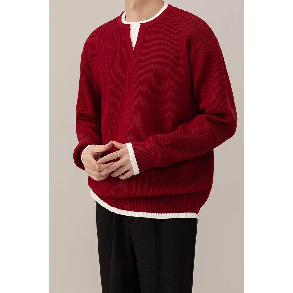 Men s Red Fake Two-Piece New Year Sweater, Year of the Snake 2025 Autumn/Winter Collection, Zodiac Inner Wear Knit Jacket XL