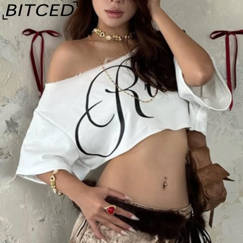 BITCED Spring Women's Solid Color Loose Cropped Top with Fashionable Off-Shoulder Collar and Printed Short Sleeves