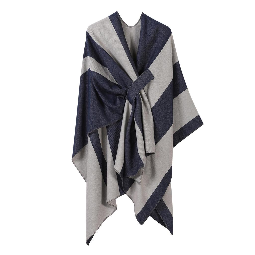 Women's European & American Double-Sided Solid Color Cape Shawl with Striped Edge