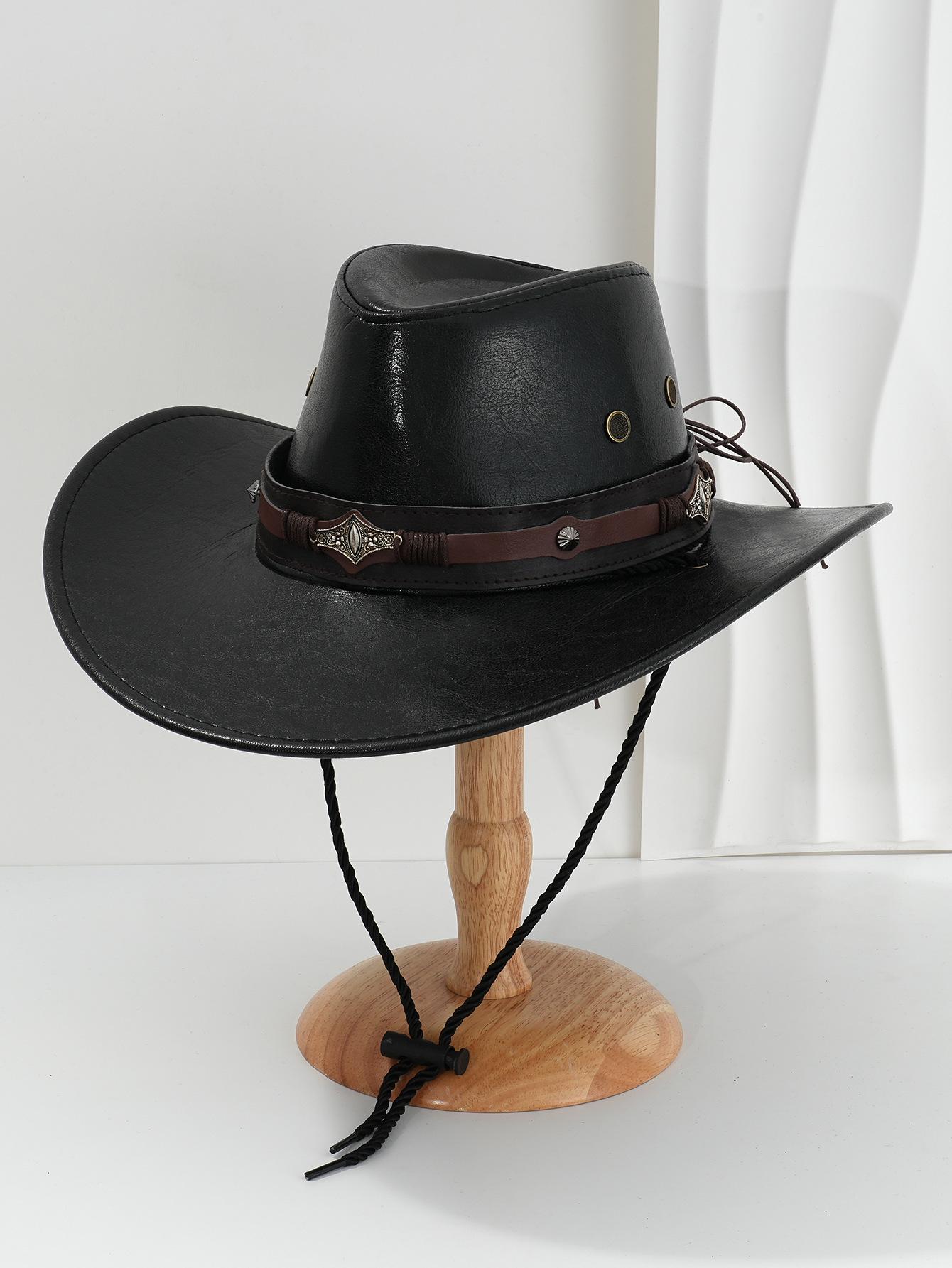 

Western top hat men s and women s PU leather cowboy hat metal rhombus diamond accessories belt jazz hat suitable for birthday gifts M（56-58cm） чорний