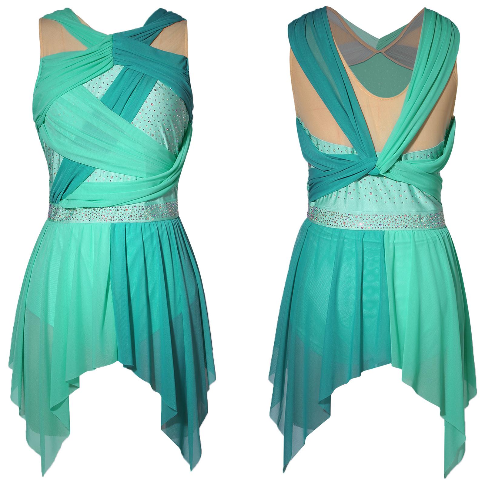 Damen-Strass-Performance-Kleid S-XXL: Farbblock-Netz-Rüschen-Knoten-Design mit unregelmäßigem Saum Ärmelloser Body für lyrischen Tanz S grün