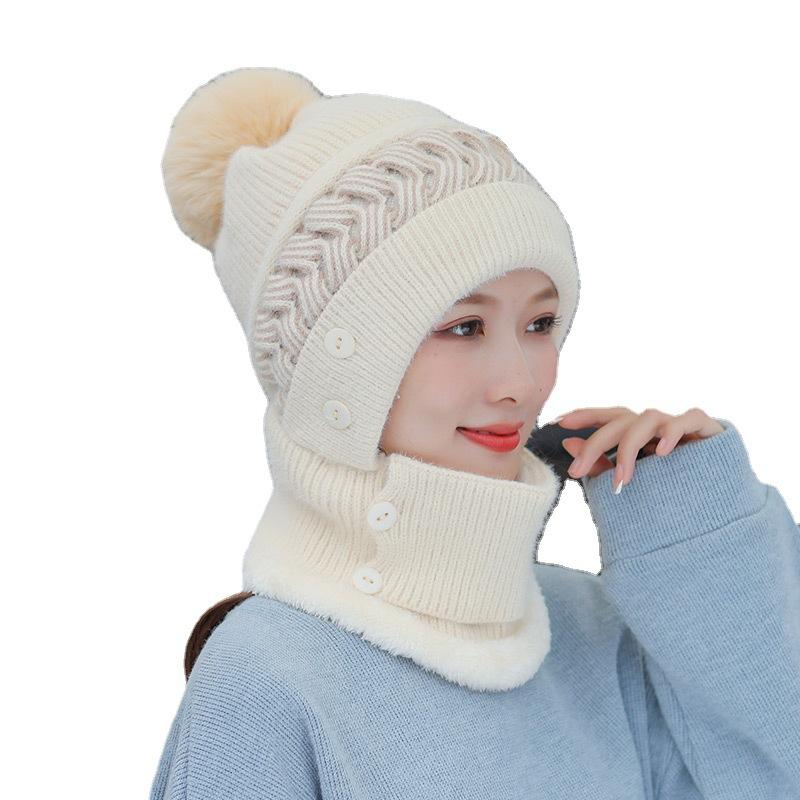 One-piece hat women's hollow knitted plush wool one-piece hat outdoor cycling cold protection ear protection winter