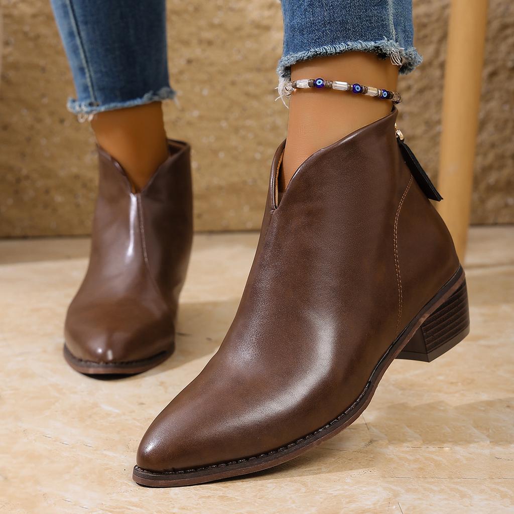 Damen Stiefeletten 2025 Herbst Winter Retro Spitzzehen Chelsea Boots PU-Leder Damen Mittelhoher Blockabsatz Kurze Stiefel Botas Mujer