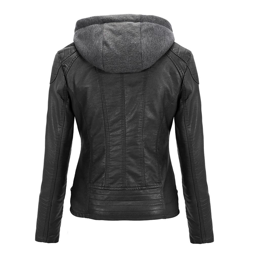 Veste de moto en cuir pour femme automne et hiver, veste courte à capuche amovible, coupe slim avec veste en cuir polaire pour femme