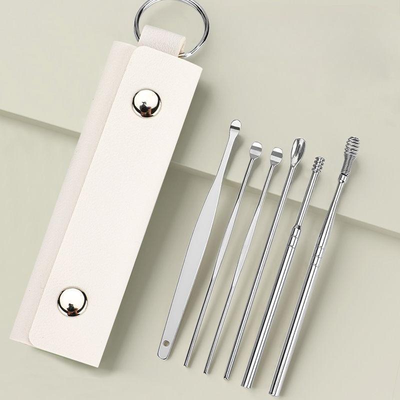 

6 шт./набір Домашній портативний вушний шпатель зі спіральною пружиною Інструмент для чищення вух Набір для чищення вух 6-предметний набір, Вушні ложки для виймання вушної сірки Жіночий