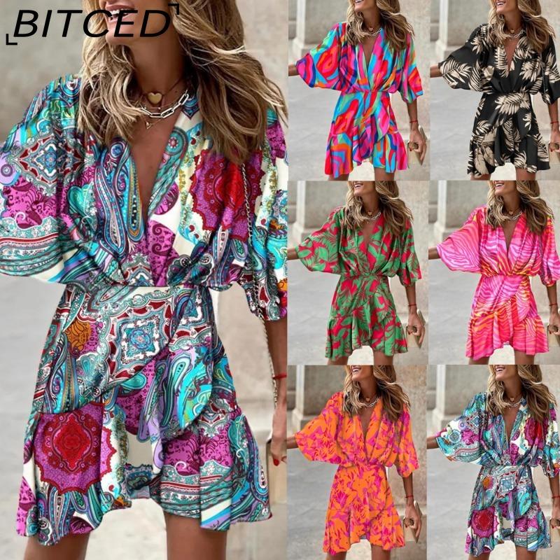 BITCED Women's Fashion Summer Spring Solid Color Print 3/4 Sleeves V-Neck High Waist Casual Dresses