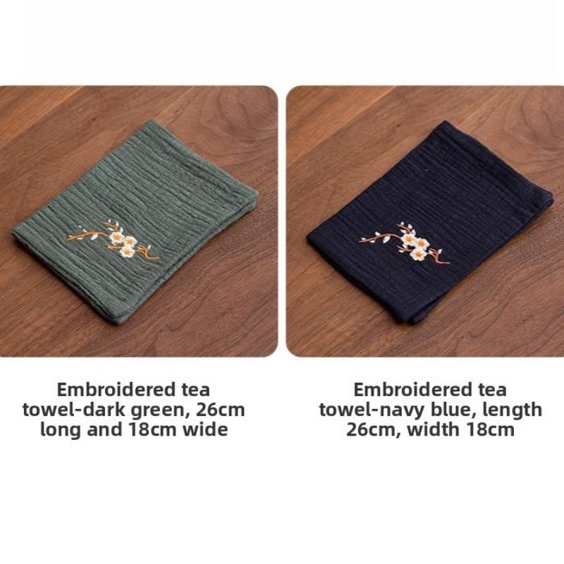 Plum blossom embroidered tea towel, water-absorbing thickened pot towel, cotton and linen retro Kung Fu tea cloth pad