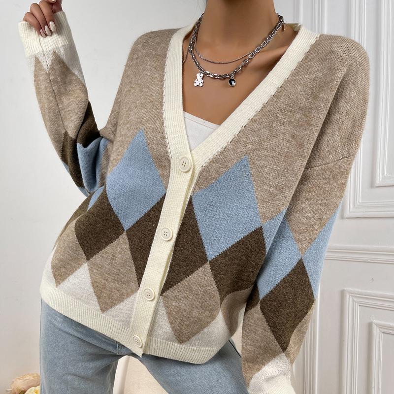 Women S V Neck Long Sleeve Loose Fit Geometric Pattern Knit Cardigan Sweater
