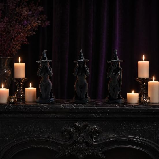 3 Pcs Witch Figurine, 3D Printed Hear See Speak No Evil Witch Statue, Gothic Tabletop Ornament for Halloween Desktop Bookshelf Home Decor