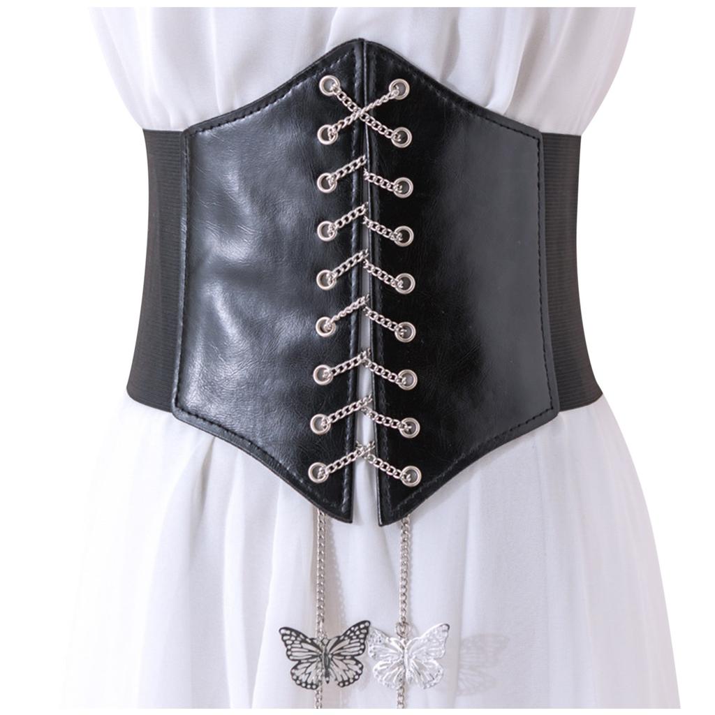 Slim Elastic Pu High Waist Belt Women Women's Girdle Style Chain Elastic Bow Knot Straps Black Punk Gothic Wide Belt Corsets