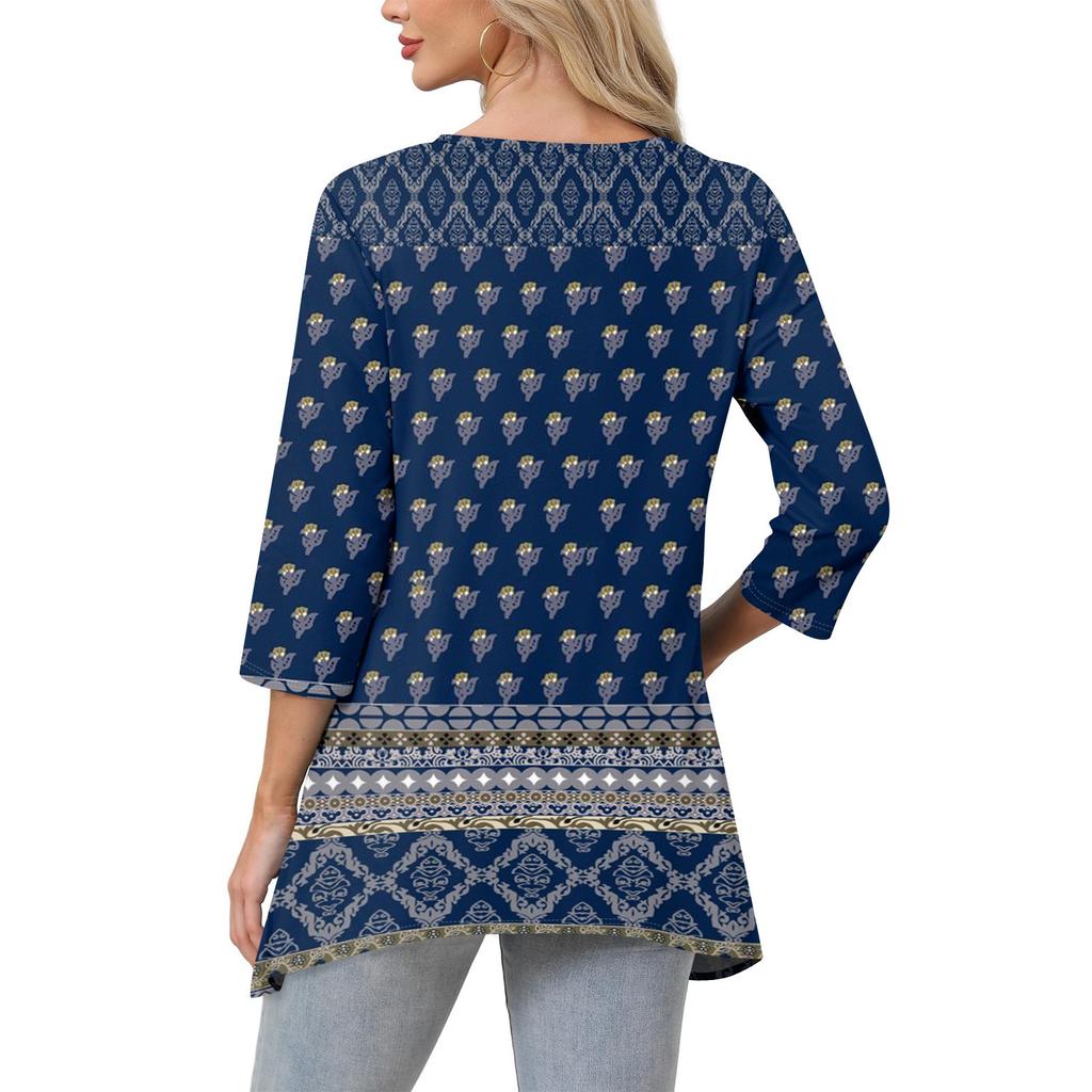 Women 3/4 Sleeve Tunic Prints Tops For Loose Fit Casual Blouses V Neck T Shirts With Asymmetrical Hem