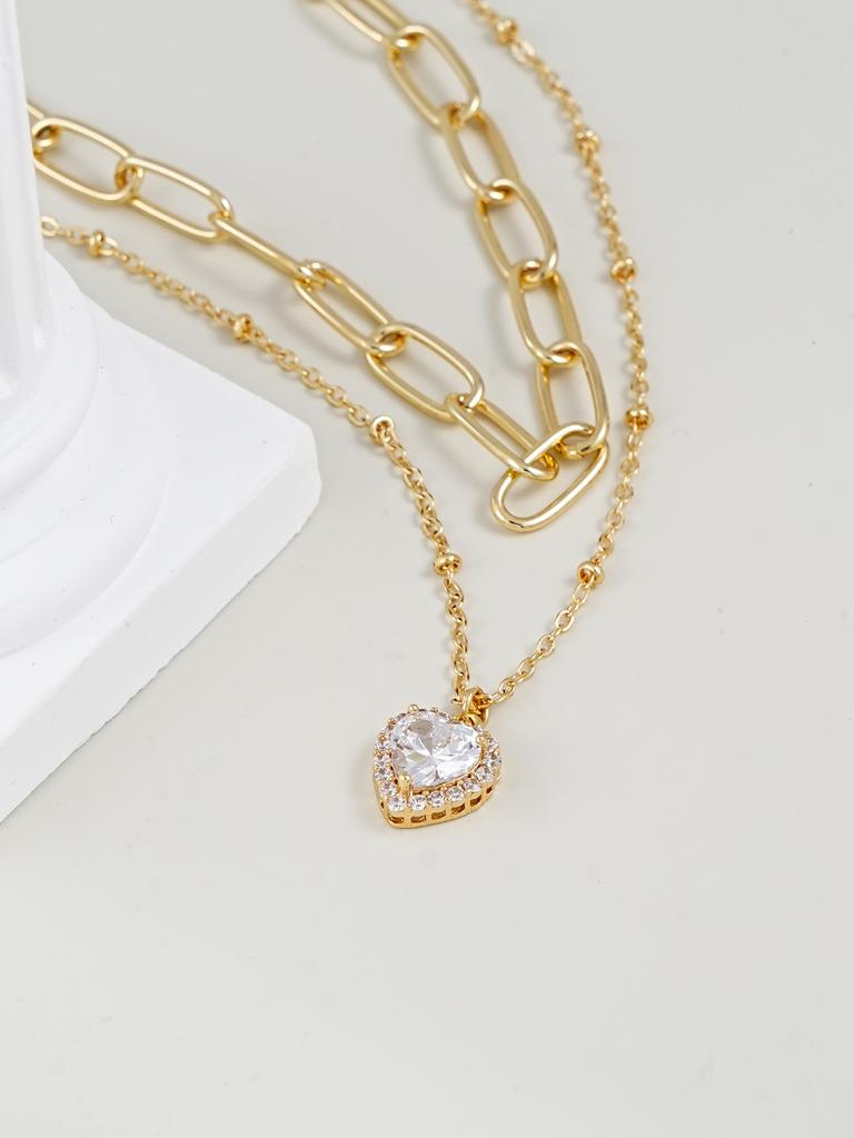 Elegant Fashion Sparkling Heart Pendant Double Layered Collarbone Chain Jewelry Suitable for Daily Commuting & Parties