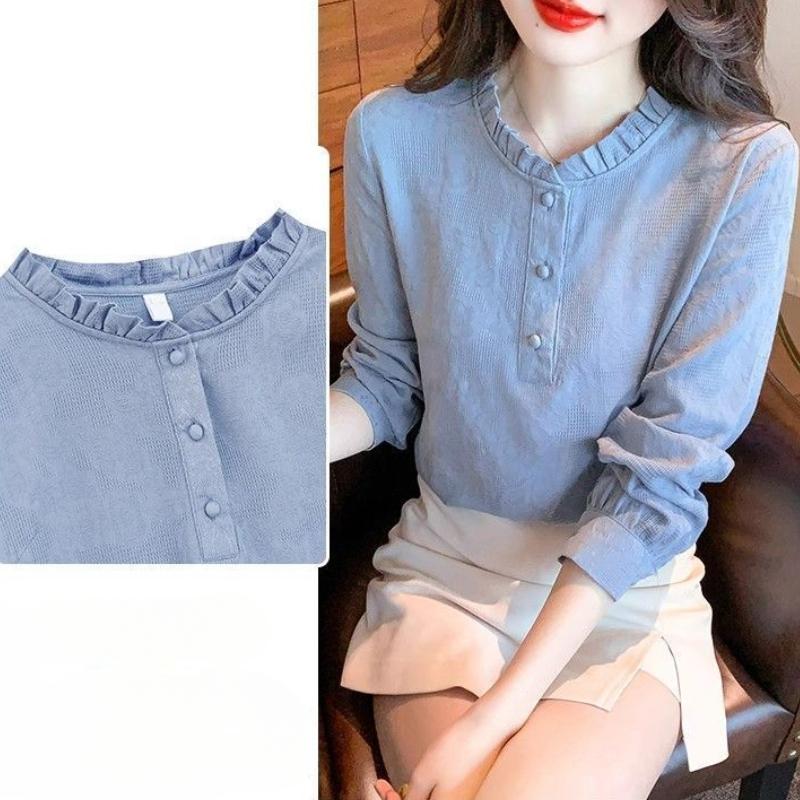 Cămașă de damă din bumbac pur jacquard cu guler lotus, de primăvară, versatilă, de bază, top cu mâneci lungi