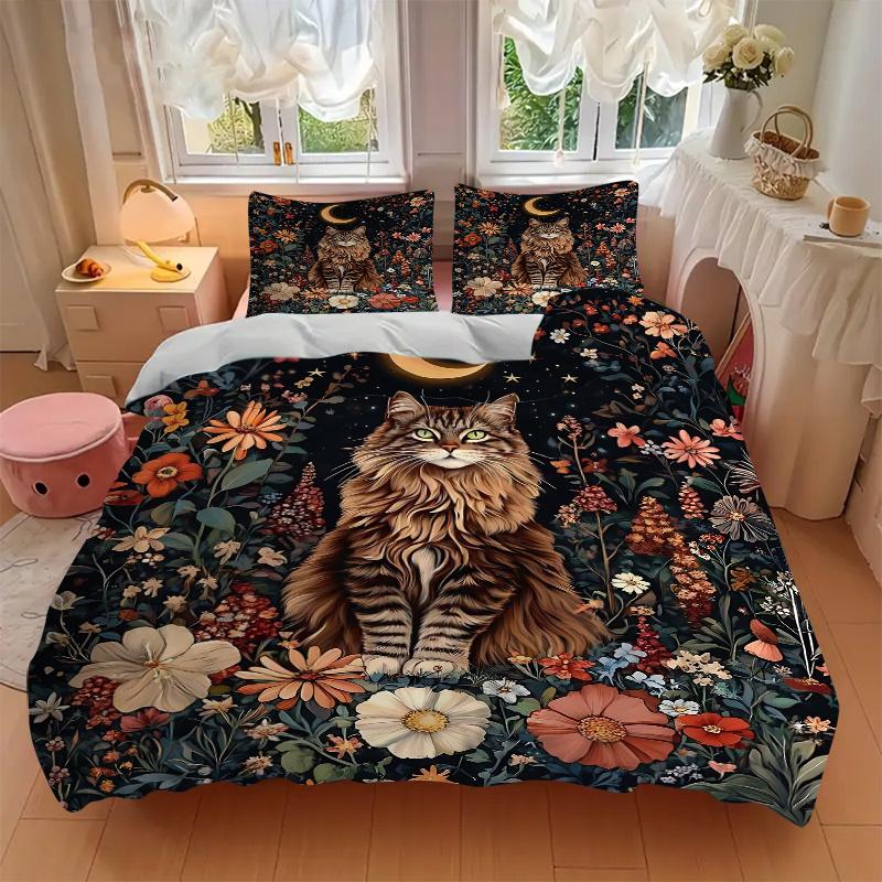 3pcs Domineering Cat & Flowers Bedding Set, Including Without Filling, Soft and Comfortable Home Bedroom M050