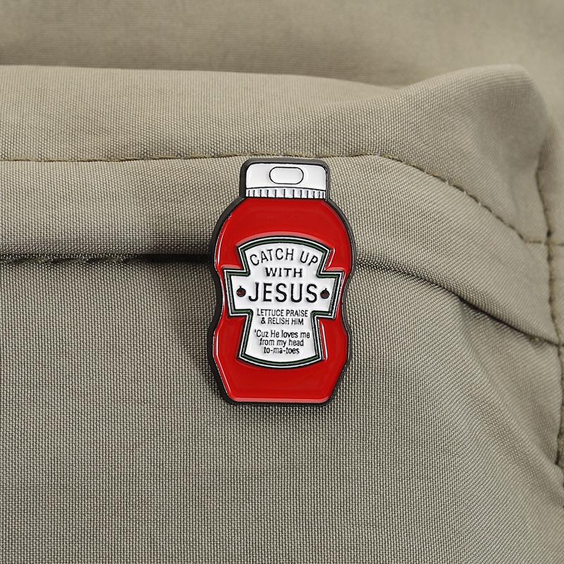Catch Up With Jesus Enamel Pins Tomato Sauce Brooches Lapel Badges Cartoon Faith Christ Jewelry Gift for Friends